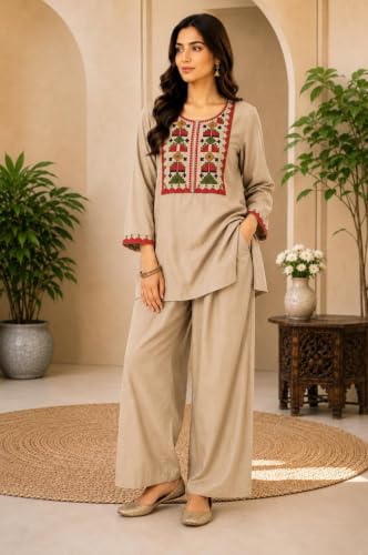 Image of Women's Embroidered Kurta Palazzo Set | Ethnic Co-Ord Set with Printed Design | Casual Traditional Outfit.