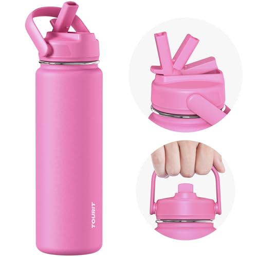 TOURIT 24 oz Insulated Water Bottle, Stainless Steel Water Bottles With Straw, Double Wall Vacuum Metal Thermos for Cold and Hot Drinks, Leak Proof BPA Free Water Flask for Sports and Travel, Hot Pink