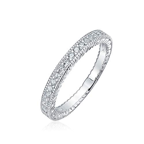 Pave AAA CZ Cubic Zirconia Thin Anniversary Wedding Band Ring For Women Etched Milgrain 925 Sterling Silver
