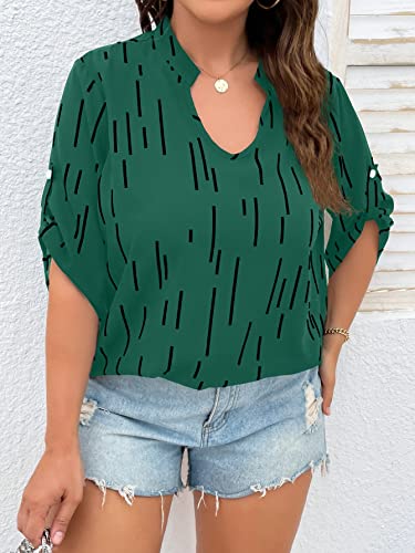Oyoangle Women's Plus Size Casual V Neck Striped Half Roll Tab Short Sleeve Blouse Shirt Top Green 4X-Large Plus #TOP2
