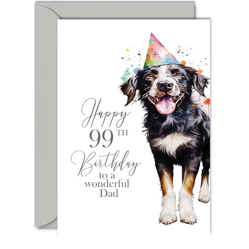 99th Birthday Cards for Dad - Party Dog - Happy Birthday Card for 99 Year Old Dad from Son Daughter, 5x7 Inch Bday Men Man Him Greeting Cards Gift for Dad Birthday Gifts