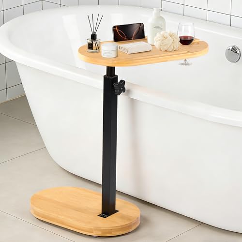 Bamboo Bathtub Side Table, Height Adjustable Bath Caddy Tray
