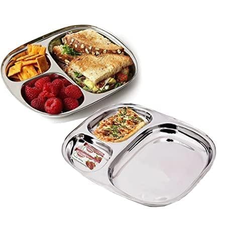 Image of Stainless Steel Plates with Compartments /Tiffin Plates /Pav Bhaji Plates /Partition Plates /Breakfast Plates /Steel Plates for Lunch /Dinner /Kids Plate Set of 3 (Medium)