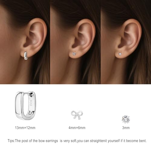 3 Pairs 925 Sterling Silver Earrings for Women, Simple 14K Gold Plated Bow CZ Stud Earring Square Huggie Hoop Earring Set, Cute Small Gold Stacked Earrings for Women Minimalists, Pack of 3 Pairs3