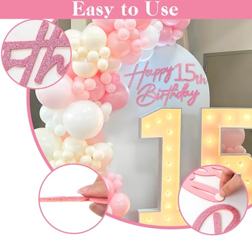 Image of Happy Birthday with 0-9 Numbers Sign for Backdrop - Glitter Felt Custom Age Happy Birthday Decal for Balloon Arch Birthday Decorations Baby Shower - Pink