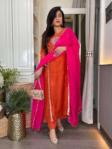 Image of GoSriKi Women's Viscose Blend Straight Embroidered Kurta with Pant and Dupatta Set | Ethnic 3 Piece Suit | Traditional Salwar Kameez for Women | Festive Kurta Set | Regular Fit Dress
