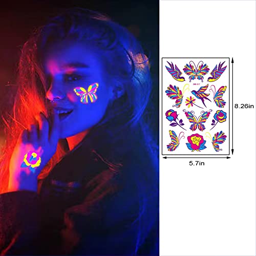 Maripabon Neon Temporary Tattoos 8 Large Sheets Butterfly Flower Swallow Glitter Tattoos Stickers 100+Mixed Style New Cute Animal Glow In The Dark Uv Neon Flash Fake Tattoos For Women Girls Body Artos For Women Girls Body Art #TOP5