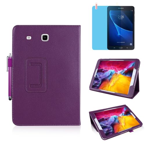 Slim Leather Case for Samsung Galaxy Tab A 7.0 Inch 2016 (SM-T280 T285), Multi-Angle Stand Full-Protective Tablet Cover Book Case with Stylus Pen,Screen Film (Purple)