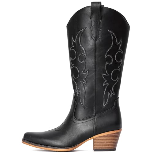 Image of IUV Cowboy Boots For Women Western Cowgirl Boots Mid Calf Snip Toe Boot With Chunky Heel