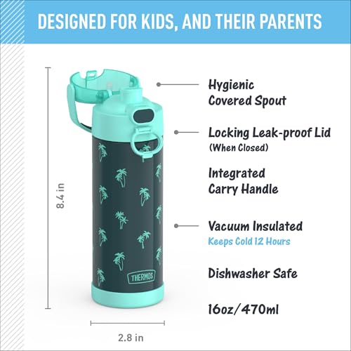 Image of THERMOS FUNTAINER 16 Ounce Stainless Steel Vacuum Insulated Bottle with Wide Spout Lid, Palm Trees