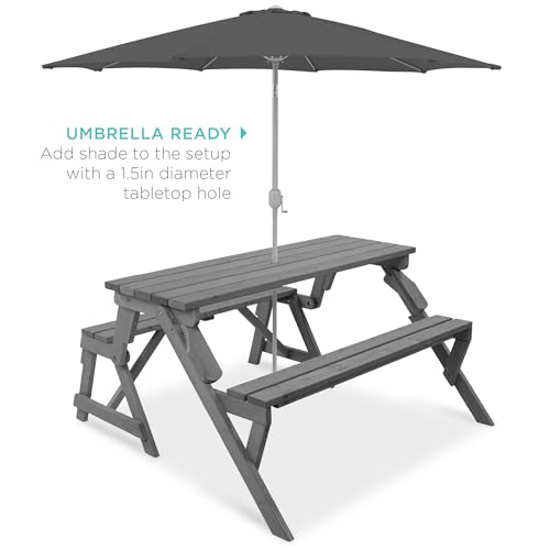 Image of Best Choice Products 2-in-1 Transforming Interchangeable Outdoor Wooden Picnic Table Garden Bench for Backyard, Porch, Patio, Deck w /Umbrella Hole - Gray