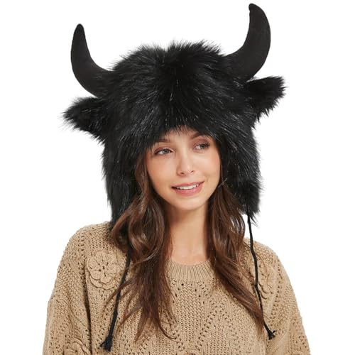 HUNYA Sombrero de Bisonte con Cuernos | Orejeras de invierno de felpa cálidas con cuernos,Sombreros de animales, gorros con orejas esponjosas, gorro peludo para hombres y mujeres para cosplay