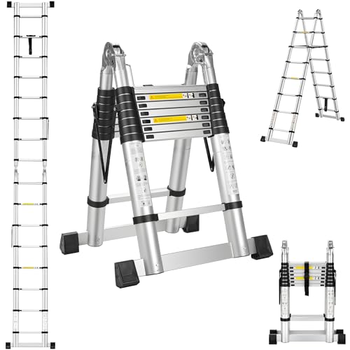 STANEW 5 M (2,5 + 2,5 M) Escalera telescópica Plegable de Aluminio, Escalera Extensible 2 en 1, Plegable Antideslizante Extensible multifunción con con 2 Barra Estabilizadora,150 KG