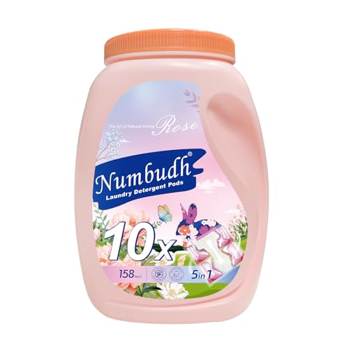 Numbudh Cápsulas de Detergente para Ropa, Aroma Rosa, 158 Unidades, Fórmula 5 en 1, Protección del Color