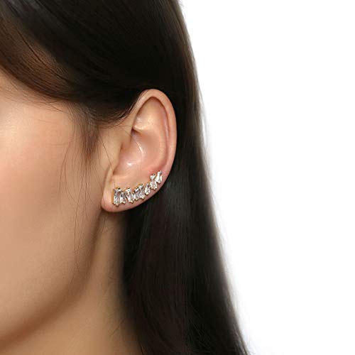 Amoramor & Forever Sterling Silver Ear Climbers Earrings For Women 14K White Gold Plated Ear Cuff Crawler Earrings For Women Girls Hypoallergenic 8 Square Cz Cubic Zirconia Studs (Yellow Gold + Clear) #TOP2