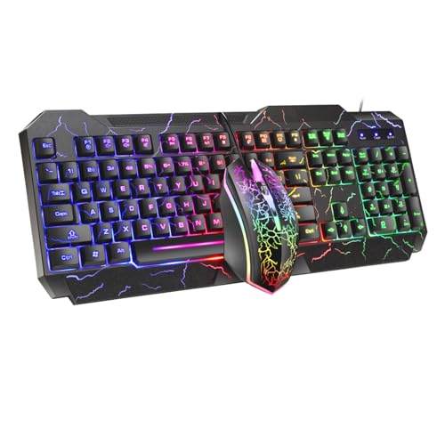 Image of Wired Crack Rainbow Gaming Keyboard and Mouse Combo, 104 Keys Light Up Mechanical Feeling Computer Keyboard, Wired Gaming Keyboard and Mouse for PC MAC Xbox Gamer(Black)