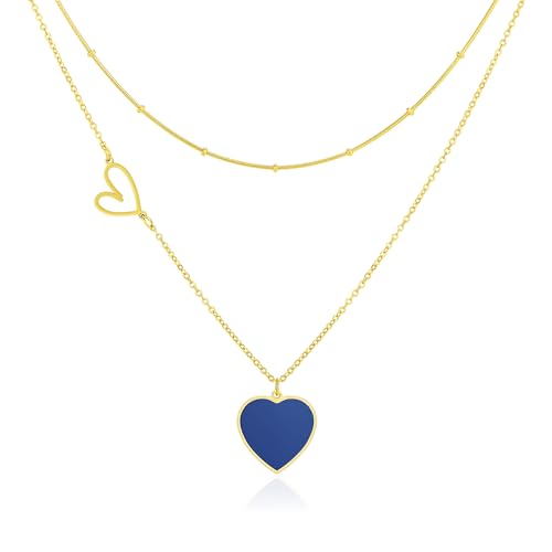 Linawe Collier cœur bleu, chaîne en cœur pour femmes, chaîne en or, chaîne en acier inoxydable, bijoux en acier inoxydable, chaîne en métal doré,...