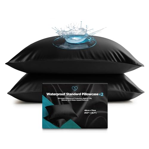 Waterproof Pillow Protectors Set of 2 Snug Fit 48 x 73 cm (19 x 29 inches) Soft Fabric (Not Vinyl) Black Pillowcase Covers Envelope Closure Hypoallergenic Machine Washable