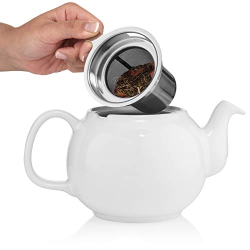 Image of SAKI Large Porcelain Teapot, 48 Ounce Tea Pot with Infuser, Loose Leaf and Blooming Tea Pot - White