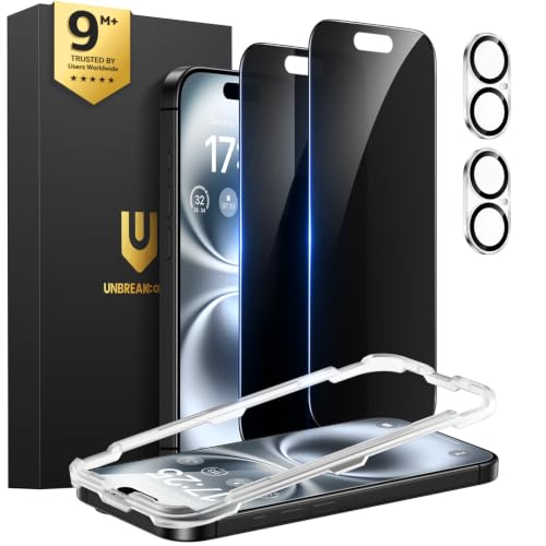 UNBREAKcable iPhone 16 Plus Privacy Screen Protector 2-Pack Upgraded Dual-Tempered Glass + 2 Camera Lens Protectors 25 Anti-Spy Military-Grade 9H+ HD Clear Anti-Fingerprint 6.7 Inch