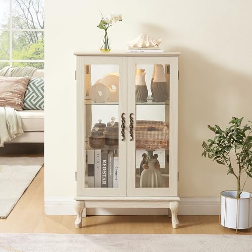 Image of 43 inch H Lighted Curio Cabinet Display Case, Glass Curio Cabinet with Adjustable Shelves & Tempered Glass Door, Wooden Cabinets with Mirrored Back Pane for Living Room (Antique White)