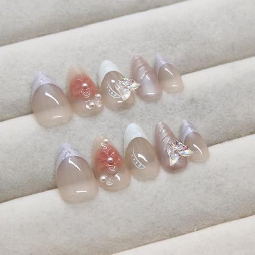 Image of White French Tip Press on Nails 3D Flower Fake Nails with Pearl Design Butterfly Glue on Nails Glossy Acrylic Full Cover Nude Stick on Nail Short Almond False Nail for Women Manicure 24Pcs