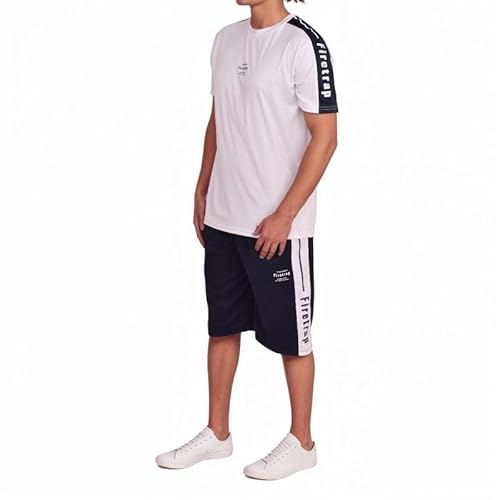 Firetrap Men's 2 Piece Tracksuit Set – 100% Polyester Short Sleeve T-Shirt & Shorts Summer Activewear Outfit, Lightweight Breathable Sportswear with Pockets White/Navy L
