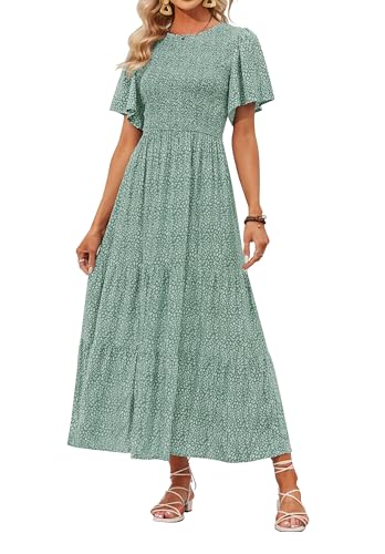 Image of ZESICA Women's 2026 Summer Boho Floral Maxi Dresses Casual Short Flutter Sleeve Smocked Tiered Flowy Dress