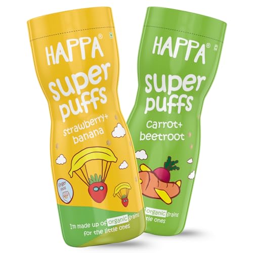 Image of Happa Carrot Beetroot and Strawberry Banana Baby Puffs | Melt-in-the-Mouth Finger Food for Babies | Supports Self-Feeding & Baby-Led Weaning | No Artificial Flavours or Colours | Stage 2 (8 Months+) | Pack of 2 (40g Each)