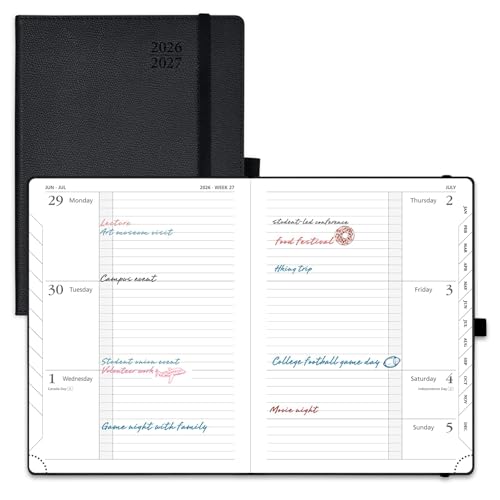 POPRUN Planner 2026-2027 (Medium 6.75"x 8.75"), Horizontal Weekly Notebook Jul.2026 - Jun.2027, Academic Appointment Book with Monthly Tabs, Leather Hardcover, Inner Pocket, 100 GSM - Black