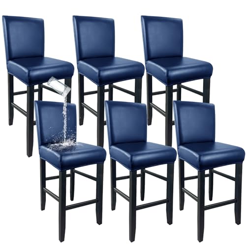 Image of PU Leather Bar Stool Covers with Backs Waterproof Bar Stool Chair Covers | Washable, Wipeable, Thick, Counter Chair Cover, Height Chair Slipcovers, Chair Protector For Pub /Cafe /Dining, Blue