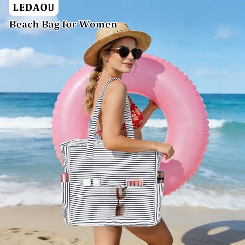 Image of LEDAOU Large Beach Bag Women Waterproof Sandproof Zipper Beach Tote Pool Bag for Swim Gym Grocery Travel with Wet Pocket