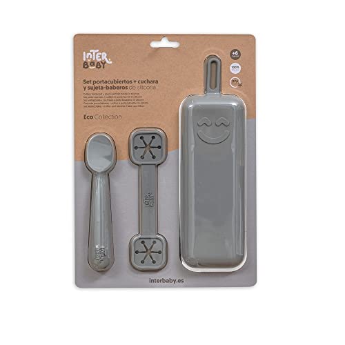 Set Porta cubiertos con cuchara y sujeta baberos de silicona, gris petróleo
