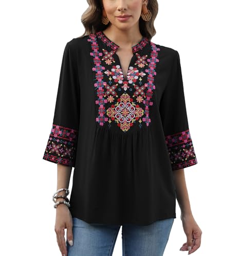 Higustar Mexican Embroidered Tops Boho 3/4 Sleeve Shirts Floral Peasant Tunic Bohemian Fiesta Blouses Clothes for Women4