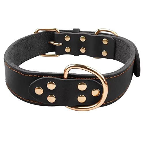 Berry Pet Soft Genuine Leather Dog Collar for Medium Large Dogs, Heavy Duty Large Dog Leather Collar with Durable Metal Buckle for Daily Walking or Training, Black, Neck...