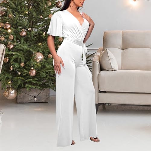 Image of PaladMom Womens Elegant Plus Size Jumpsuits Sexy Back zipper Short Sleeve Mid Waist Wide Leg Straight Rompers