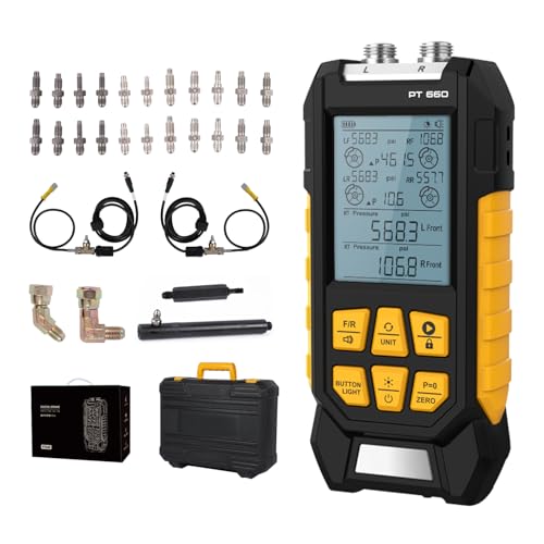 Brake System Pressure Tester, 0-3045psi High Accuracy Digital Brake Pressure Teste Kit, 3" Backlit Screen, Magnetic Back, Smart Alarm Notification, 11 Adapters 3 Units Switch, PT660