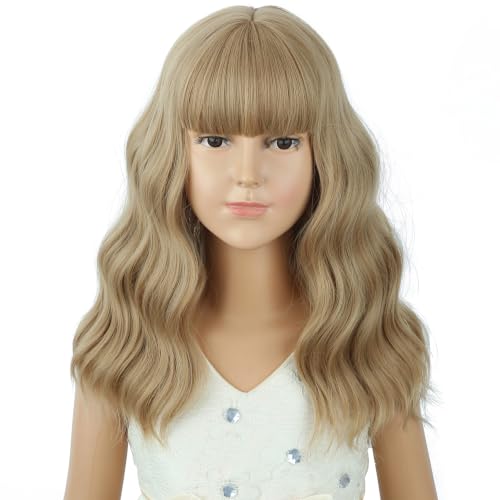 Image of Ash Blonde Wig Short Blonde Wavy Curly Wigs Wig with Air Bangs Synthetic Cosplay Hair Wigs