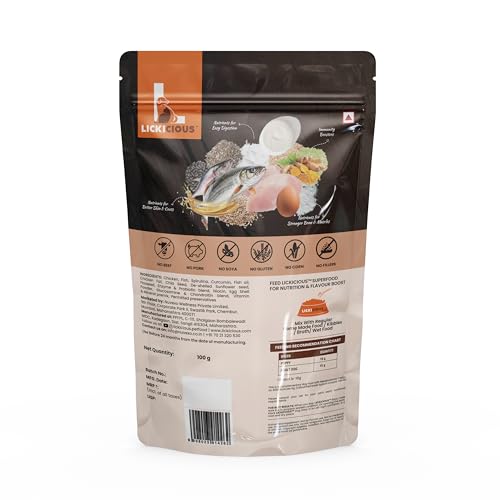 Image of LICKICIOUS Super Food Topper 100g | Powdered Puppy & Adult Dry Dog Food Supplement with Chicken, Fish Oil for Stronger Bones, Joints, Immunity | Healthy Skin & Shiny Coat | 10+ Natural Superfoods