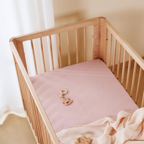 Image of TILLYOU Muslin Mini Crib Sheets 2 Pack, Pack and Play Mattress Sheets Fitted for Pack N Play, 38 x 26 Sheet for Toddler, Pink and Apricot