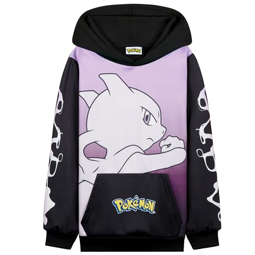 Pokémon Sweat à Capuche Garçon Ado, Pull Manga avec Poche Kangourou et Capuche, Pikachu Gengar Charizard Eevee, Cadeau Anime (7-8 Ans, Noir/Rose Mewtwo)
