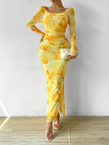 Image of LIGHT DOT Women's Printed Off Shoulder Maxi Dress Long Sleeve Bodycon Ruched Mesh Cocktail Dress