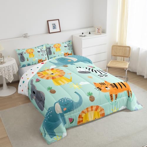 Image of Feelyou Kids Cute Zoo Animal Comforter Set Twin Size, Cartoon Lions Bedding Set Zebra Elephant Comforter for Boys Girls Kawaii Duvet Insert with 1 Pillow Case