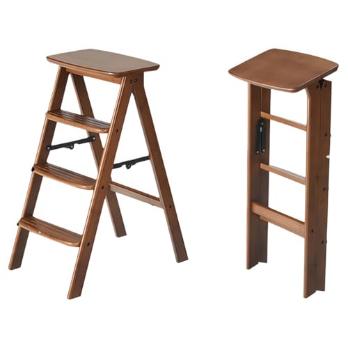 NYHGOXM 折りたたみ脚立 3段/4段 木製 多機能踏み台 ステップ おしゃれ 収納可能 キッチン 梯子 椅子 スツール バーチェア 用 多機能 スリム コンパクト 低い梯子 (ブラウン,4段ステップスツール【折りたたみ式】)