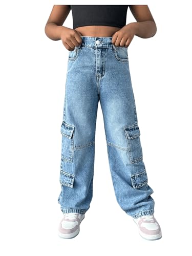 GORGLITTER Girl's Flap Pocket Baggy Cargo Jeans Y2k Wide Leg Zipper Fly Washed Denim Pants