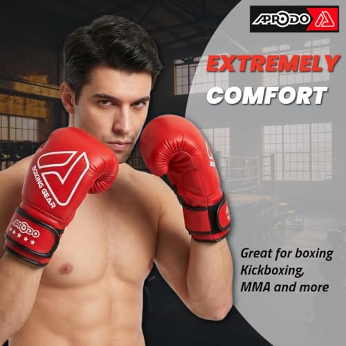 Image of APRODO Beginner Boxing Gloves for Kids & Adults - Men & Women Training, Sparring & Heavy Bag Gloves - Durable PU Leather with Wrist Support (Red /White, 8oz)