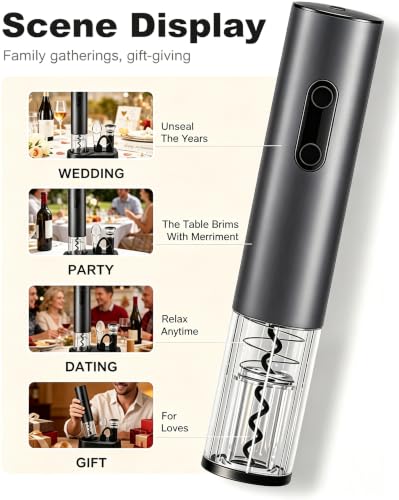 Image of PEIPU Electric Wine Opener Set, Battery Operated 5-in-1 Wine Gifts for Wine Lovers with Storage Base, Foil Cutter, Wine Aerator Pourer & Vacuum Stoppers, Dark Grey