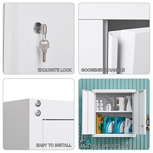 Greatmeet Metal Wall Storage Cabinet With Lock, White Wall Mount Metal Storage Cabinets With 1 Adjustable Shelf And 2 Doors, Steel Cabinet For Garage, Office And Home,Disassemble #TOP3