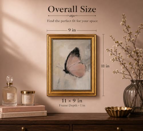Image of Gold Framed 3D Textured Wall Art, Vintage Pink Butterfly Canvas Prints, Moody Cottagecore Moth Pictures Decor, Boho Rustic Farmhouse Insect Artwork for Living Room Bedroom Bathroom 9x11inch