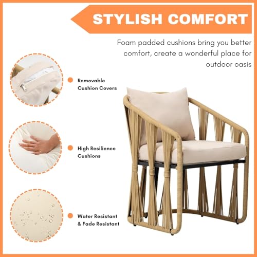 Image of DEVOKO Serene 3-Piece Outdoor Rope Patio Bistro Set with Glass Top Table and Cushions for Garden, Deck, Lawn, Poolside, Porch, Balcony (Beige & Cream)